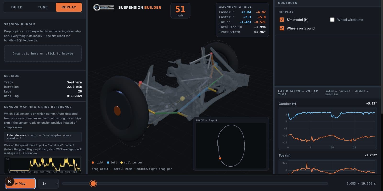 Suspension builder replaying a lap with a 3D front end and camber and toe charts